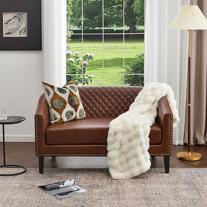 KINWELL 50 Faux Leather Small Barrel Love Seat Settee Diamond Tufted Back Compact Loveseat Sofa with Nailhead Trim Modern 2-Seater Couch with Solid Wood Legs for Small Spaces Apartments Brown