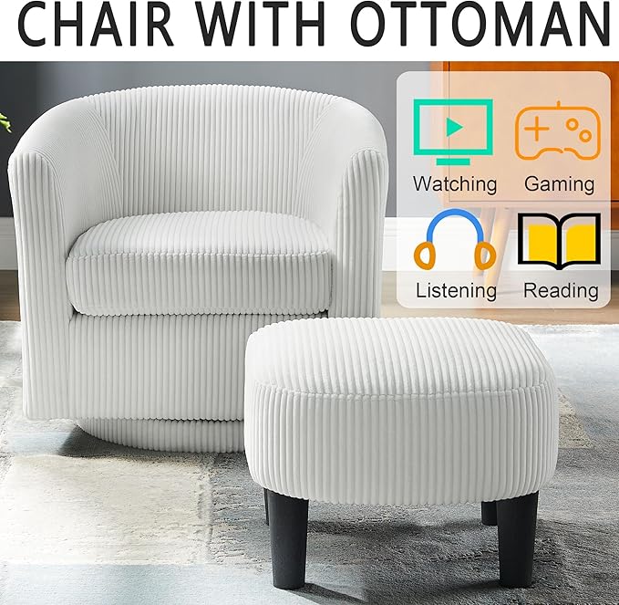 Corduroy Swivel Accent Chair with Ottoman Round Barrel Chair with Armrest Comfy Reading Chair for Living Room Bedroom Office (White)