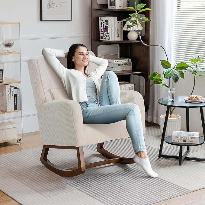 COCO DESIGN Corduroy Upholstered Rocking Chair for Nursery - Padded Seat &amp Back Sturdy Wood Rockers for Living Room Nursery Bedroom Relaxation (Beige)