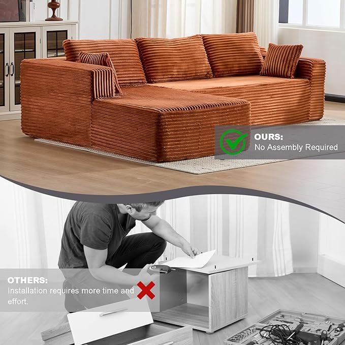 110 Modular Sectional Boneless Couchw ith Chaise LoungePlush Corduroy Upholstered Cloud CouchDeep Seat L-Shaped Floor SofaCompressed Packaging for Easy DeliveryNo Assembly NeededOrange