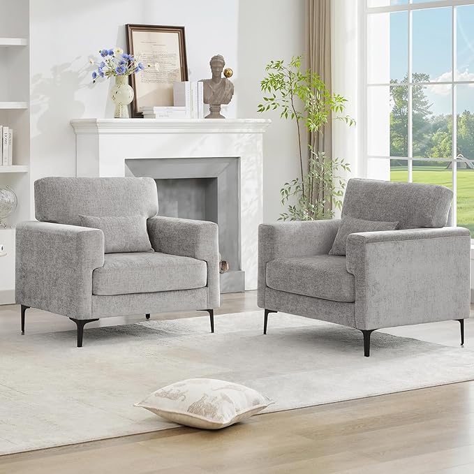 Oversized Accent Chairset of 2 with Metal LegsComfy Chenille Armchair and a HalfModern Century Single Sofa Extra Large Reading Club Chair for BedroomLiving RoomApartmentLight Grey