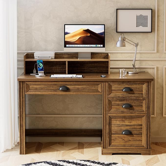 Computer Desk with Monitor Stand 47 in Farmhouse Home Office Desk with LED Lights Power Outlets Executive Desk with Storage for Working Gaming Study Writing Table for Bedroom Walnut