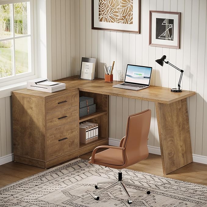 Tribesigns 55-Inch L Shaped Computer Desk with 3 Drawers Corner Home Office Desk with Storage Shelves Farmhouse Wood Executive Desk for Work Writing Sturdy Gaming Brown