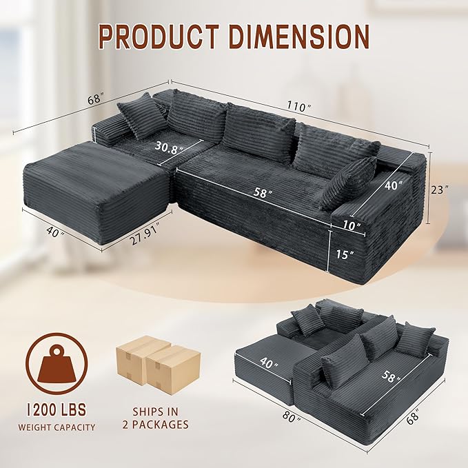 110 L-Shaped Modular Sectional Sofa with Chaise Boneless Comfy Corduroy Fluffy Couch with Deep Seat and Side Pockets Flexible Module Combination for Living Room No Assembly Side Pockets