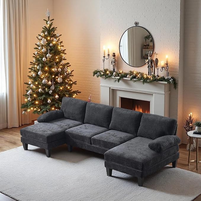 VINGLI 110 Sectional Couches for Living RoomU Shaped Couch with Double Chaise 4-Seat Sofa Set with Chenille Fabric for Home FurnitureBlack