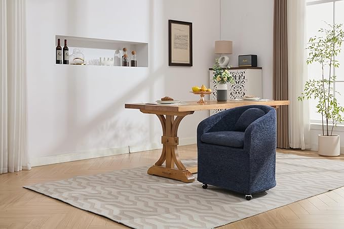 KEIKI Set of 1 Chenille Fabric Dining Armchair with Back Cushion and Universal Wheels Ergonomic Backrest 250 lbs Capacity Easy Assembly for Dining Room and Indoor Spaces