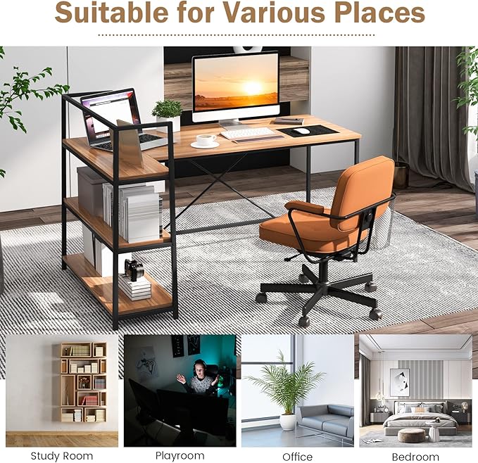 COSTWAY 59 Inch L-Shaped Computer Desk Large Reversible Corner Desk with Open Storage Shelves Space-Saving Writing Study Table PC Laptop Gaming Desk for Home Office (Black + Walnut)