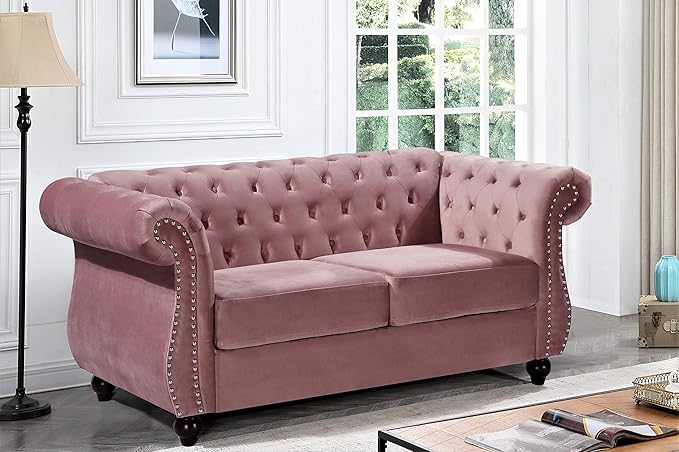 Feinstein Modern Velvet Chesterfield Couches for Living Room with Nailheads Diamond Tufting &amp Durable Metal Frame Loveseat Natural Pink