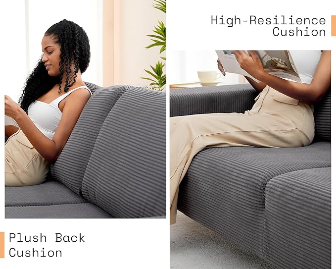 AMERLIFE 89 inch Sofa - Modern Comfy Couch with Extra Deep Seats 3 Seater for Living Room Grey Corduroy