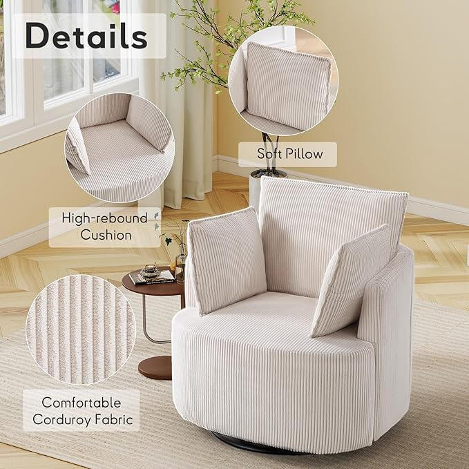 Bonzy Home 360° Swivel Accent Chair Comfy Corduroy Swivel Barrel Chair with 2 Soft Pillows Single Sofa for Living Room Bedroom Beige