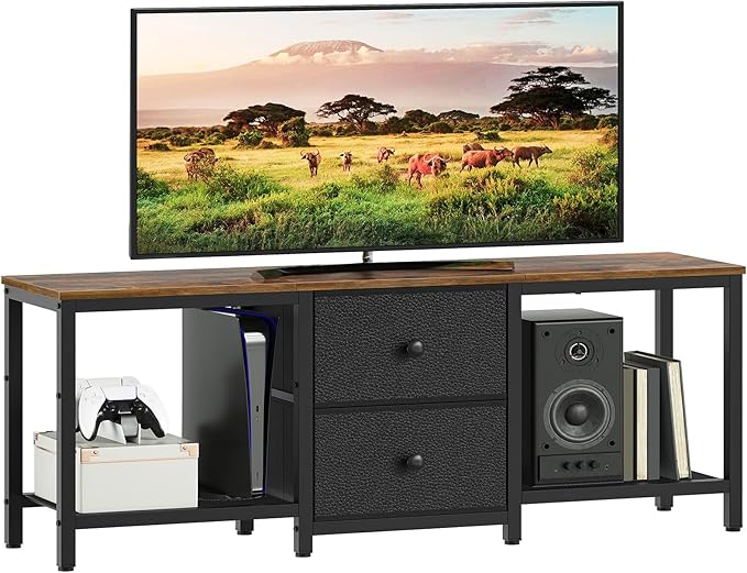 TV Stand for TVs up to 55 Entertainment Center with 2 Fabric Drawer Media Console with Shelves Television Stands for Living Room Bedroom Rustic Brown and Black DS02BR