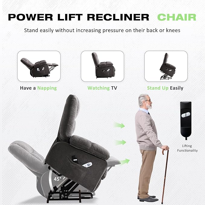 BOSMILLER Power Lift Recliner Chair with Massage and Heat for ElderlyElectric Lift Chair with USB Charging Runction and Side Pockets Suitable for Living Rooms and bedroomsGrey