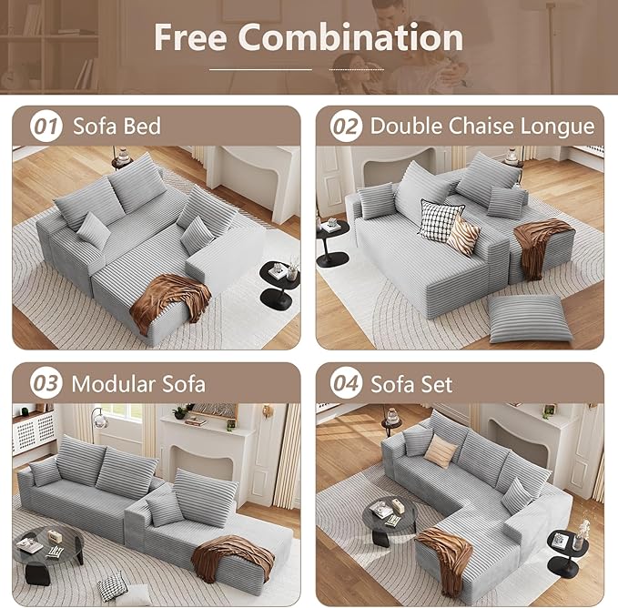 95 Cloud Sectional Couch with L-Shape Chaise Modern Corduroy Boneless Deep Seat Sofa 3-Seater Modular Sleeper Couch for Living RoomBedroomApartmentNo Assembly(Light Grey Right-Facing Chaise)