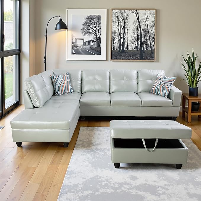 L Shaped Couch PU Leather Sectional Couches for Living Room 3 Pieces Modular Sectional Sofa with Chaise Ottoman with Storage for Living Room and Small Apartment Silver Green