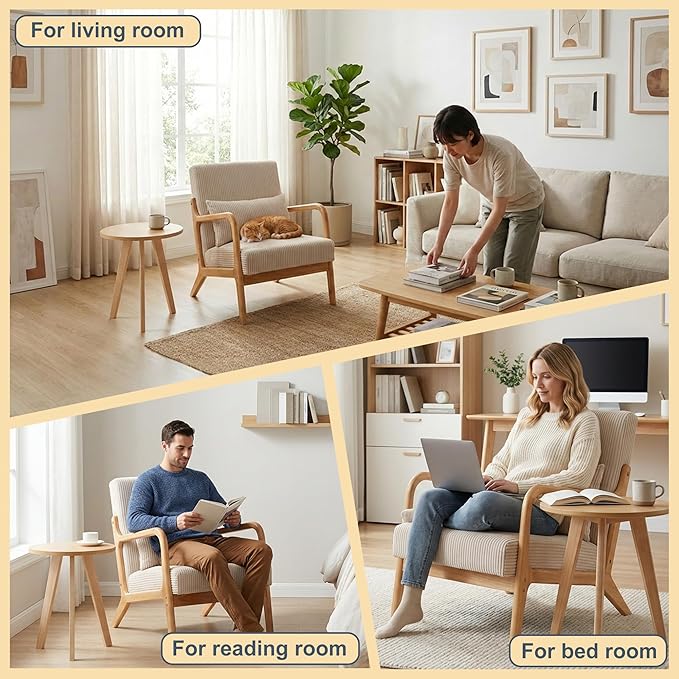 Mid Century Modern Accent Chair with Side Table Upholstered Corduroy Armchair with Lumbar Pillow Solid Rubberwood Frame for Living Room Bedroom Reading Nook Beige