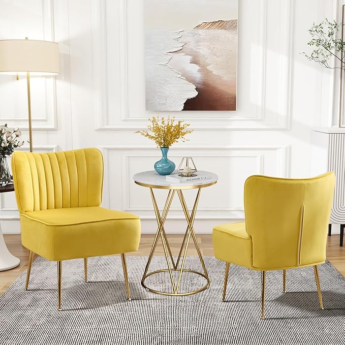 Velvet Accent Chairs Set of 6Modern Armless Living Room ChairsUpholstered Wingback Sliper Chair Single Sofa Chair with Golden LegsSmall Corner Chair for BedroomGuest RoomYellow