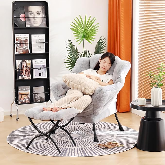 Lazy Chair with Ottoman Large Light Grey Accent Chair with Ottoman and FA Throw Pillow Comfy Plush Reading Chair for Living Room Bedroom Dorm Room Office Apartment Relaxing Use