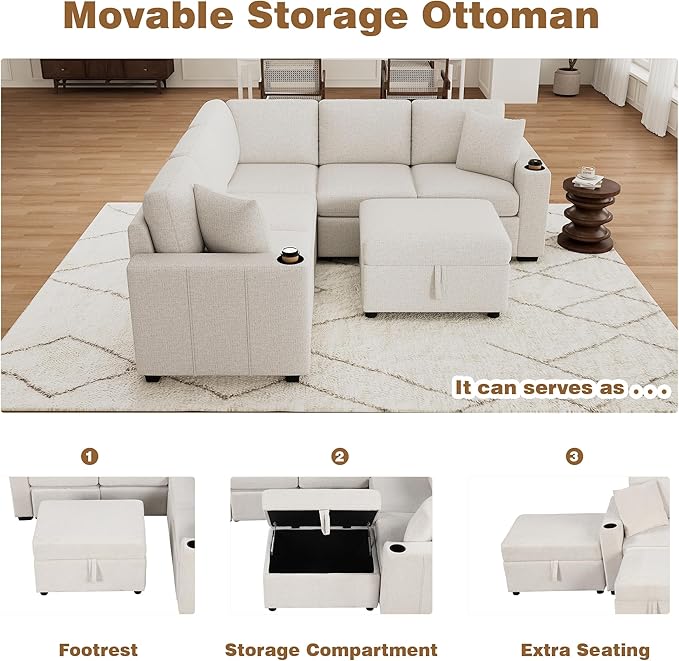84.7 Sectional Sofa Convertible Pull-Out Sofa Bed with Movable Storage Ottoman and Dual Cup Holders Chenille Fabric Free-Combined Modular Couch for Living Room (Beige-3.27)