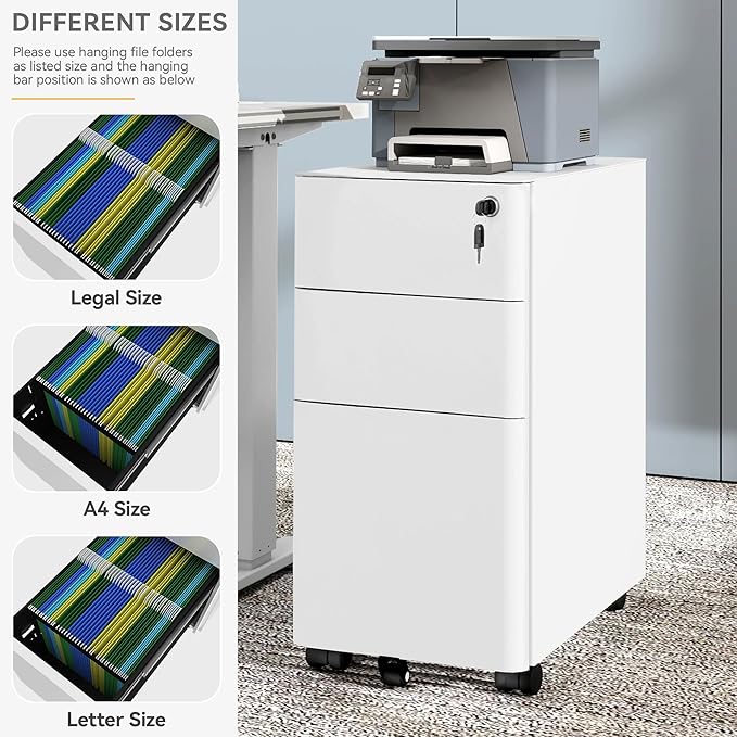 YITAHOME DWVO 3-Drawer Vertical File Cabinet Mobile Filing Cabinet with Lockable Pre-Assembled Compact Slim File Cabinet Portable Office Storage for A4/Letter/Legal Documents (White)