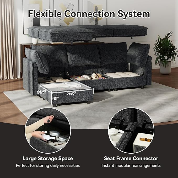 Ihanherry 97.2” Modular Sectional Sofa with Storage L Shaped Couch for Living Room 4-Seat Comfy Chenille Deep Seat Sofa with Movable Ottoman for Bedroom and Apartment Dark Gray