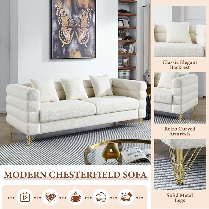 Loveseat Modern Sofa 81 Teddy Boucle Comfy Cloud Couch Upholstered Deep 3 Seater Sherpa Couch Set with Stylish Metal Legs for Living Room Home Office Bedroom Apartment White