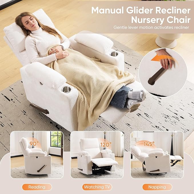 Swivel Rocker Recliner with Adjustable Armrests Rocking Nursery Chair with Adjustable Headrest Cup Holder Manual Recliner Nursing Chair for Breastfeeding Chenille White