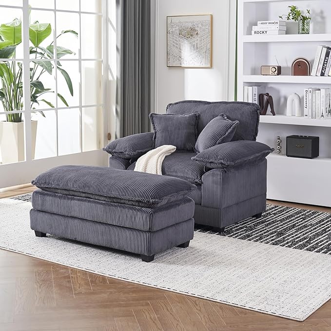 Oversized Chaise Lounge Indoor 56.3 Big Comfy Modern Sleeper with Removable Ottoman Wide Armrest and 2 Pillows Corduroy Couch with Deep Seat Lounge Chair for Living Room Reading Bedroom (Grey)