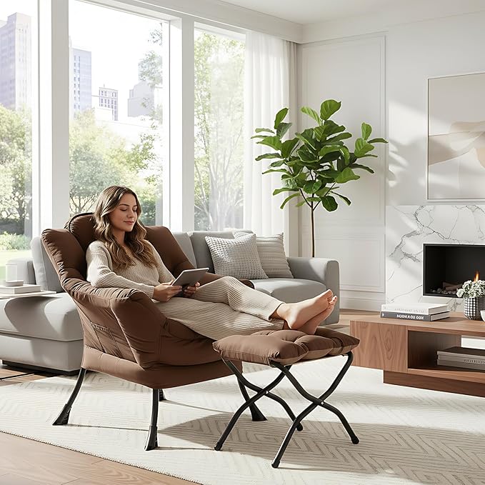 Lazy Chair with Folding Ottoman Modern Accent Armchair with Armrests and a Side Pocket &amp Foldable Footstool Reading Chair for Living Room Bedroom Dorm &amp Office Dark Brown