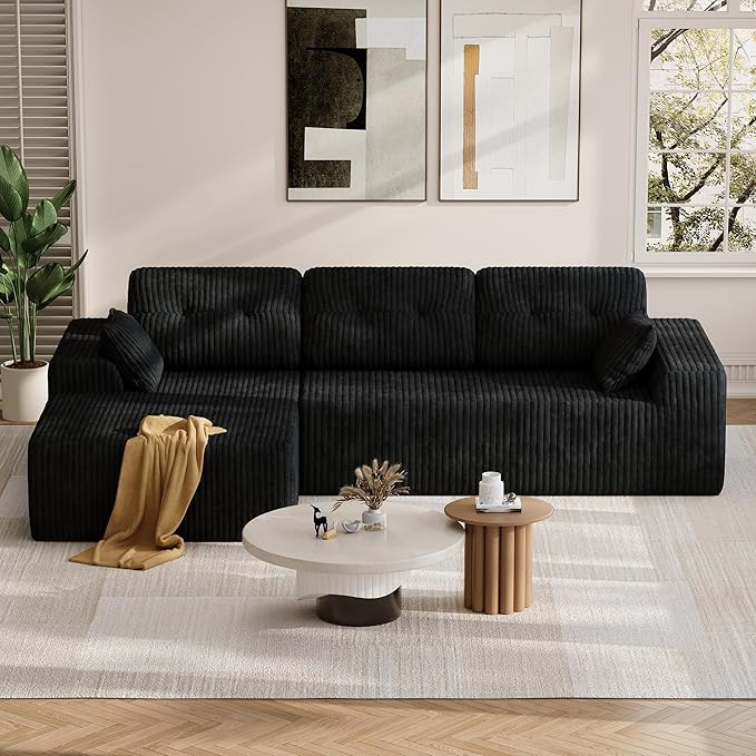 Ball &amp Cast 106 Modular Sectional Sofa Cloud Corduroy Couch with Deep Seat Boneless L-Shaped Sectional Upholstered Modular Sofa for Living Room No Assembly Required (Black Left Facing Chaise