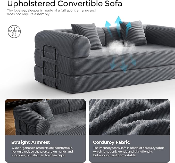 79 Floor Sofa Bed 5-in-1 Convertible Sleeper Sofa with Removable Armrests Corduroy Fabric Sofa Couch No Assembly Required for Living Room Dorm Studio (Dark Gray)