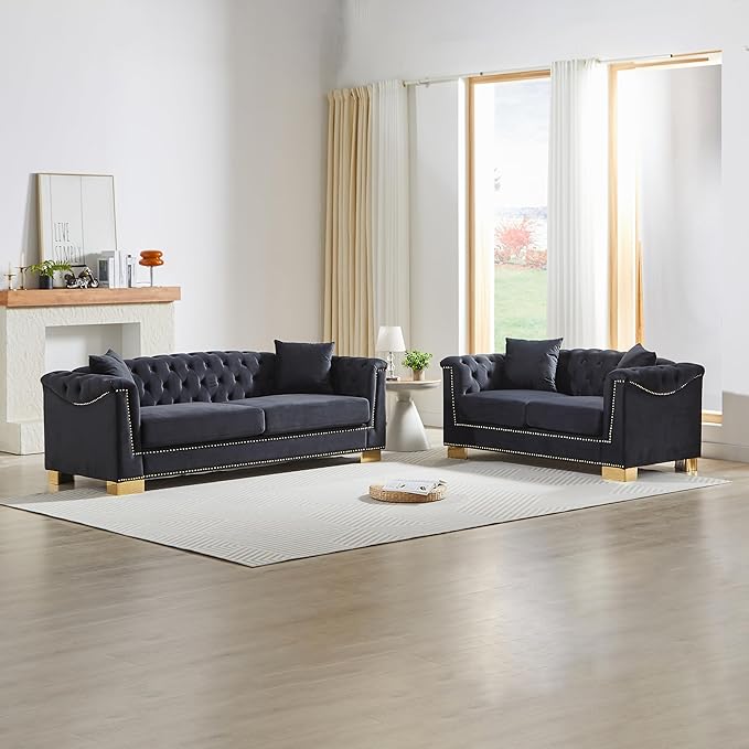 KEIKI Chesterfield Sofa Retro Style Upholstered 3+2 Seat Couch with Rolled Arm for Living Room Bedroom Office Black