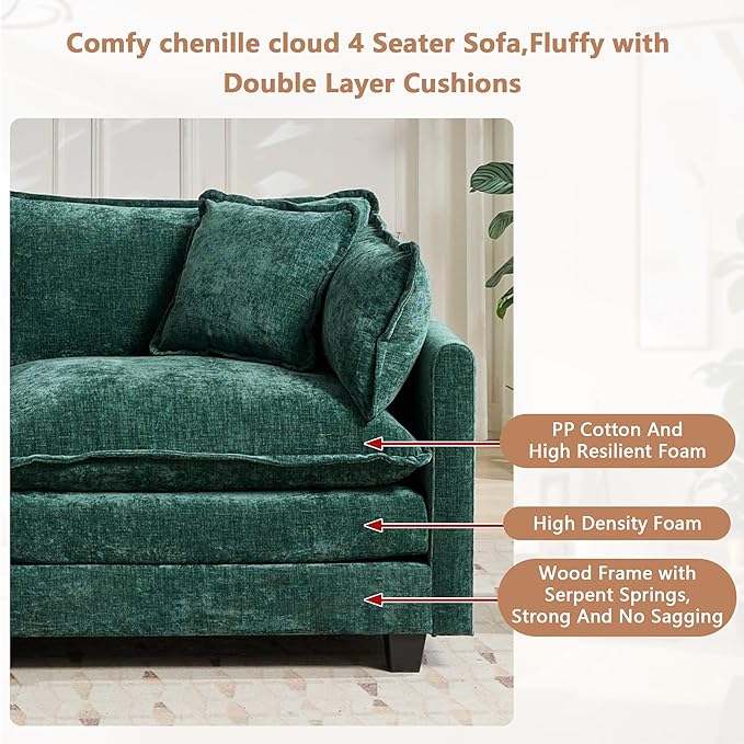 Aoowow Chenille U Shaped Sofas with Deep SeatModular Sectional 4 Seater Cloud Couch with Ottoman Set for Living Room149.6 Fluffy U-Shaped Corner Couches with Chaise Lounges (Green 4+2)