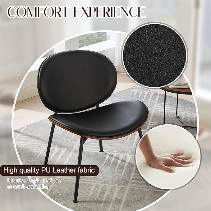 Mid-Century Modern Accent Chair Black PU Leather Lounge Chair with Walnut Wood Finish Curved Back Side Chair for Living Room Bedroom Reading Nook Office (Black + PU Set of 2)