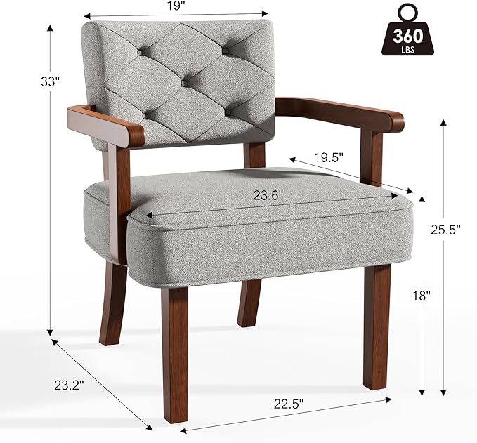 Versatile Side Arm Chair Small Modern Accent Chair Upholstered Wooden Armchair Corner Chair with Arm RestTufted Backrest Cushion for OfficeWaiting/Reading/Living Room Grey