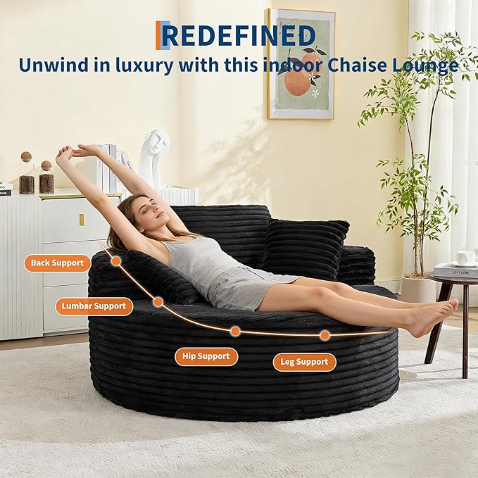 Garvee 55 Round Oversized Chaise Longue Chair Indoor Corduroy Upholstered Boneless Cloud Couch Deep Seat Sleeper Floor Sofa Chair for Living Room Bedroom Apartment Black