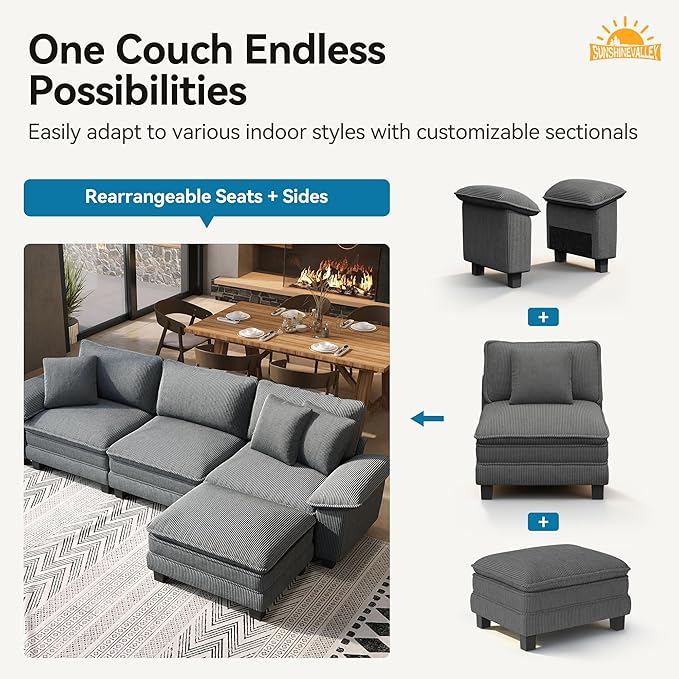 L Shaped Modular Cloud Couch 157.5'' Oversized Corduroy Sectional Sofa with Wider Armrest and Ottoman Upholstered 5-Seat Modern Deep Seat for Bedroom Living Room Grey