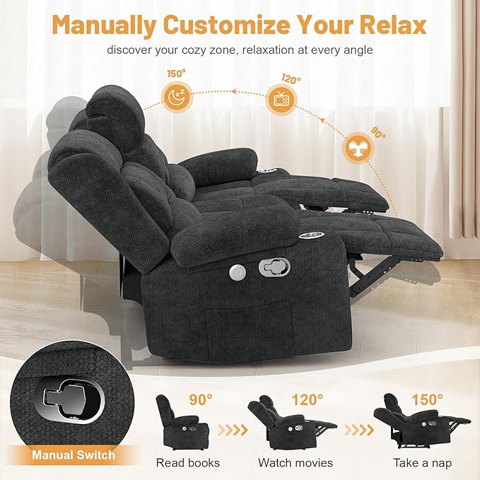 Loveseat Recliner Sofa Flip Middle Backrest Design 3 Seat Reclining Sofa with Storage Drawer USB Ports &amp Cup Holders Manual Couch for Living Room/RV (Gray)