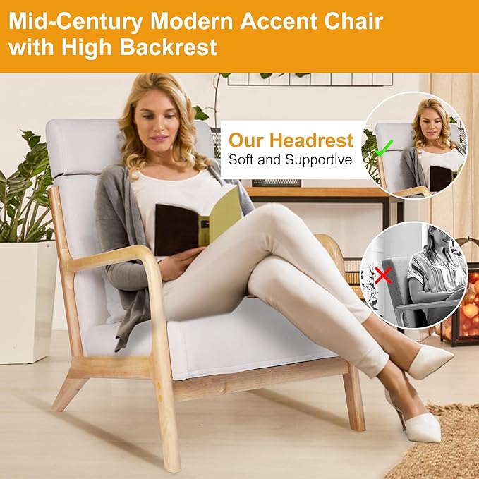 Mid Century Modern Accent Chair with High BackrestLiving Room Chair with Solid Wood FrameUpholstered Reading Armchair for BedroomBeige