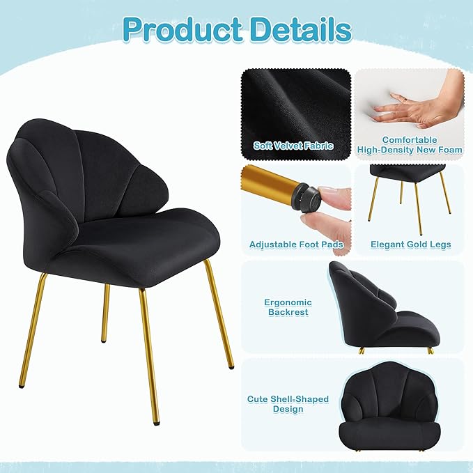 Yaheetech Vanity Chair Velvet Accent Chair with Shell-Shaped Backrest Modern Armchair with Gold Metal Legs for Dressing Room/Bedroom/Living Room Black