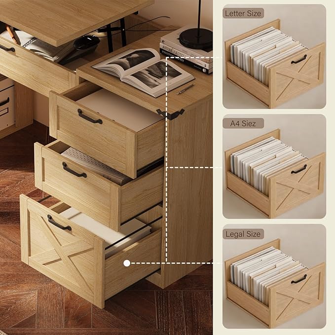 Farmhouse Lift Top Desk: Rustic Wood Standing Desk with 3 Drawers &amp Open Storage Shelves Adjustable Height White &amp Brown Home Office Computer Desk for Work Study Writing (Natural Oak)