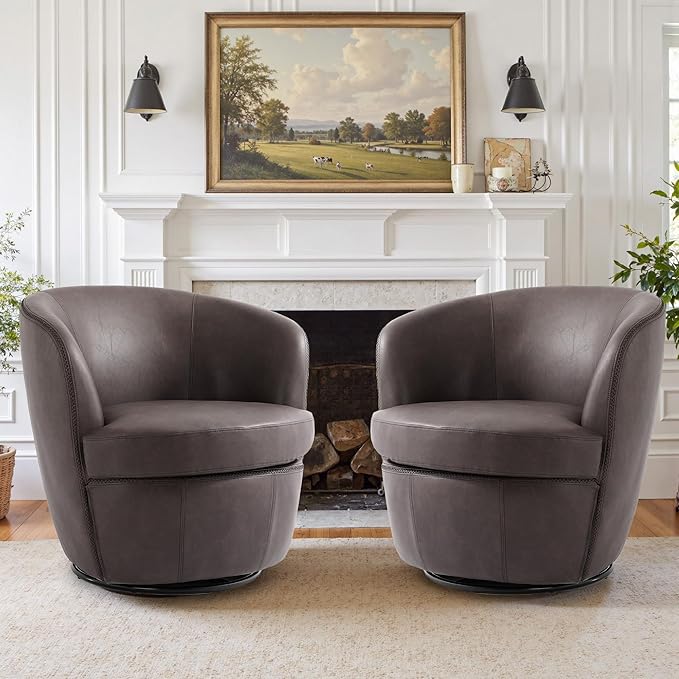 Swivel Barrel Chair Modern Round PU Leather Accent Armchair for Living Room Bedroom Comfy Club Reading Chairs for Adults (Leather Chocolate Set of 2)