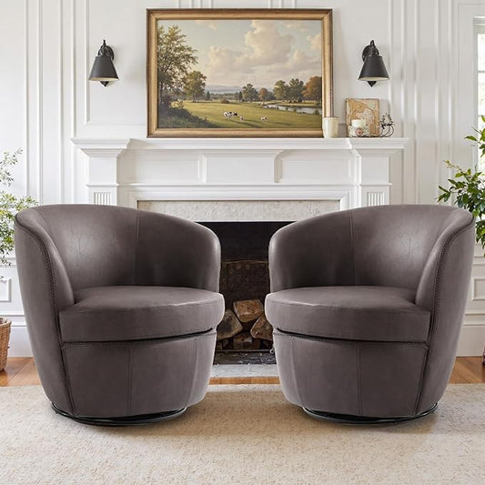 Swivel Barrel Chair Modern Round PU Leather Accent Armchair for Living Room Bedroom Comfy Club Reading Chairs for Adults (Leather Chocolate Set of 2)