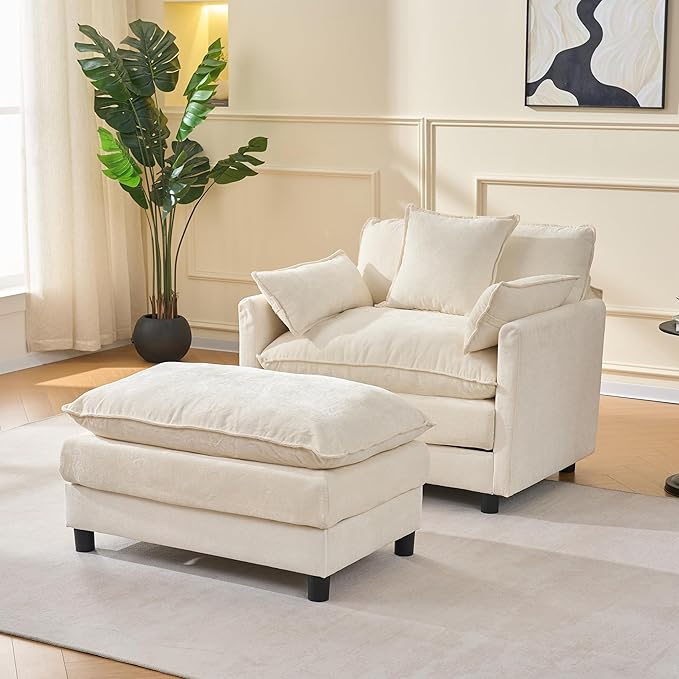 KEIKI Oversized Armchair with Ottoman Chenille Upholstered Sofa Bed Wide Accent Chair Perfect for Living Room Bedroom Apartment Beige