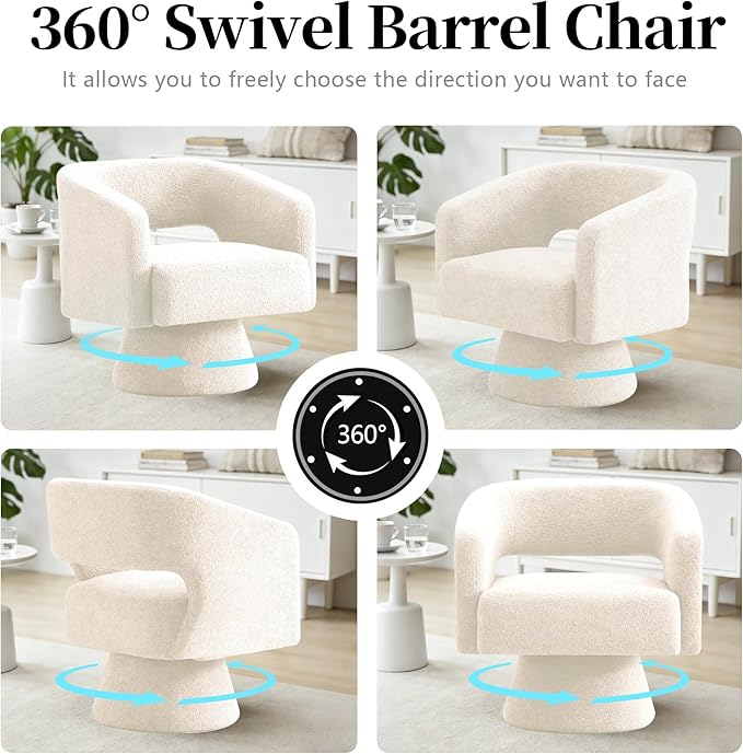Accent Barrel Chair Set of 2 Modern Teddy Bear Velvet Club Chair 360° Swivel Degree Dressing Chair Suitable for Living Room Reading Room Bedrooms Office White