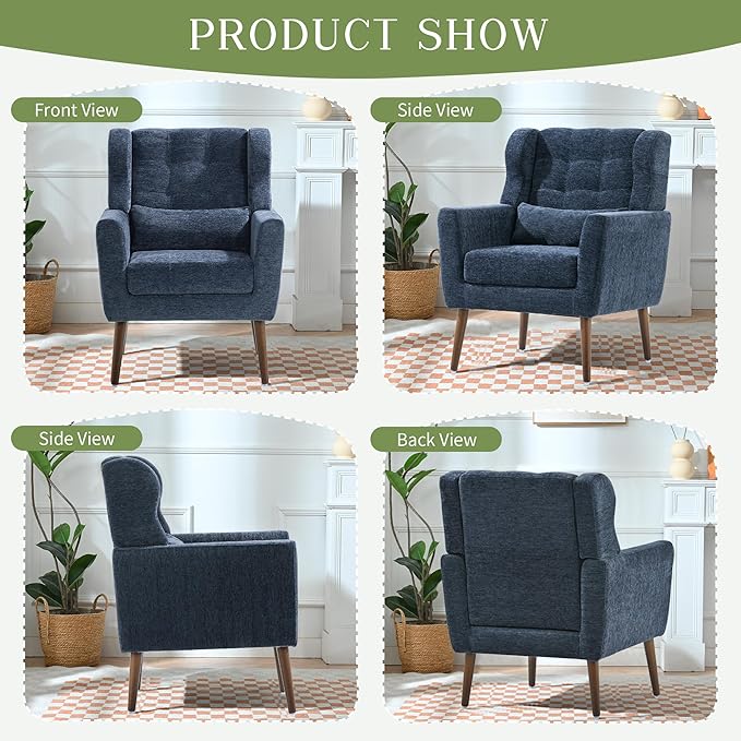 cinkehome Accent Arm Chairs for Living Room Chenille Upholstered Mordern Armchair Comfy Soft Padded Lounge Chair in Small Spaces Bedroom Pillow Solid Wood Leg Blue