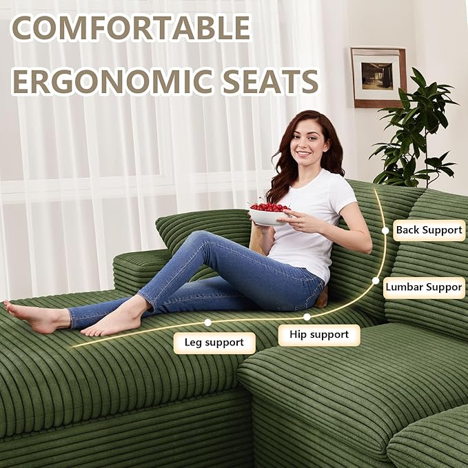 136 Cloud Couch Modular Sectional Couchs with Chaise Lounge L-Shape Boneless Couches for Living Room Corduroy Sofa with Deep Seat No Assembly Required (Green Left Facing Chaise)