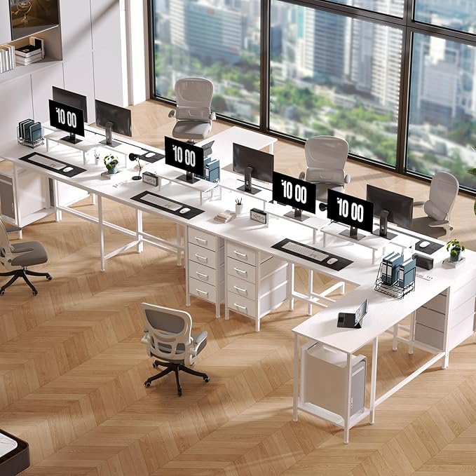 66 L Shaped Computer Desk 94.4'' Home Office Desk with Power Outlets 4 Adjustable Storage Drawers &amp 2 Monitor Stands Large Two Person Gaming Table for Writing Study White