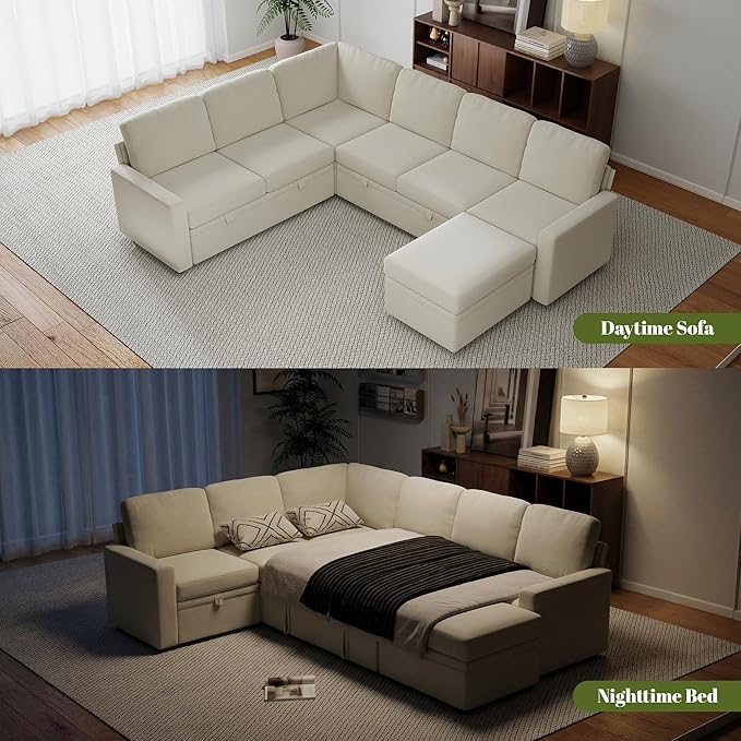 Chenille L Shaped Sofa Couch with Ottoman7 Seater Modular Sectional Sofa with StorageModern Corner Couch BedConvertibe Pullout Sleeper Sofas for Living Room (Chenille Beige 7 Seater)