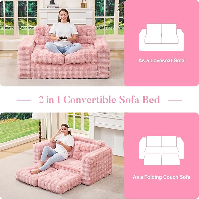Hobestluk Sofa Couch Loveseat Sofa with Bubble Fabric 2-Seater Sofa for Small Spaces Comfortable Foam Floor Sofa 2 in 1 Boneless Couch for Living Room Bedroom Apartment or Office (Pink Loveseat)