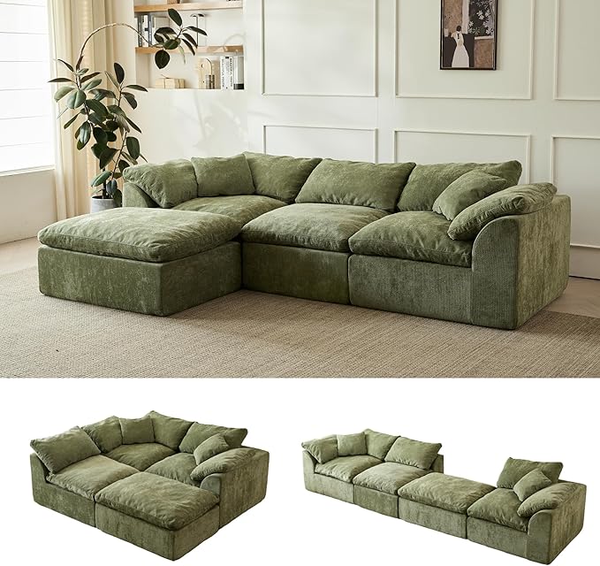109 Modern Cloud Couches for Living Room Deep Seat Convertible L-Shape Boneless Couch with Ottoman Oversized Comfy 3-Seater Couch Chenille Fabric Compressed Sofa Modular Sectional Sofa (Green)